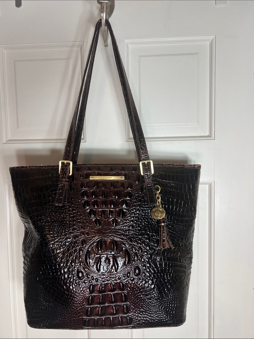 Brahmin Dark Brown Croc-Embossed Leather Tote with Tassel Charm